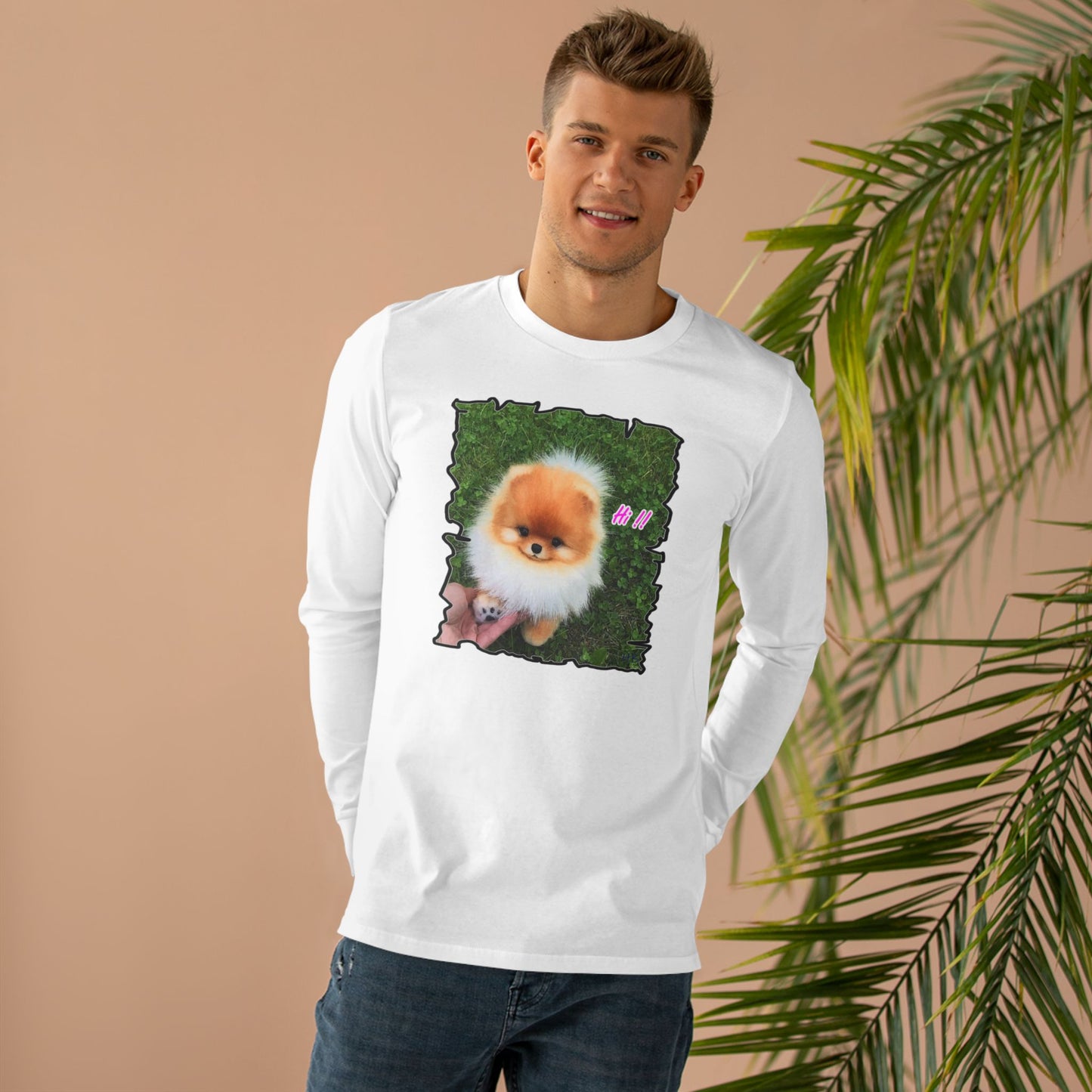 "Hi !!" Tiny adorable Bichon Maltese (Men's Base Longsleeve Tee - All-Season Wear)