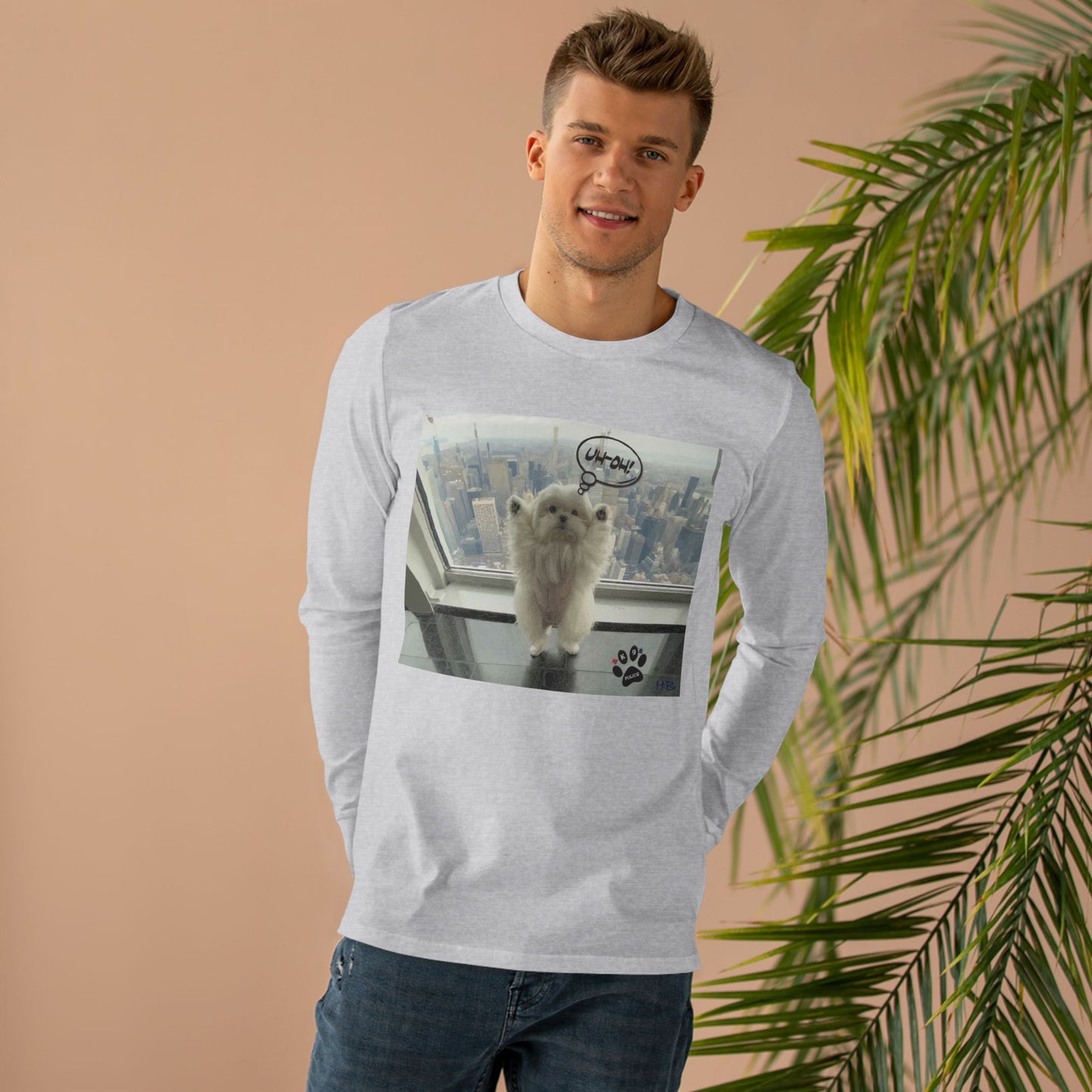 Bichon Maltese paws in the air in trouble with K9 dog patrol (Men's Base Longsleeve Tee - All-Season Wear)