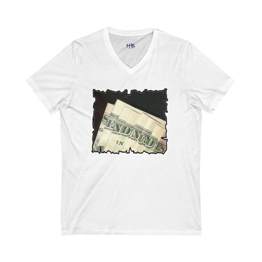 Dollars Speak Louder with Bold Humor requesting The Playful 'Send Nude$$' (Unisex Jersey Short Sleeve V-neck - Comfortable Everyday Wear)