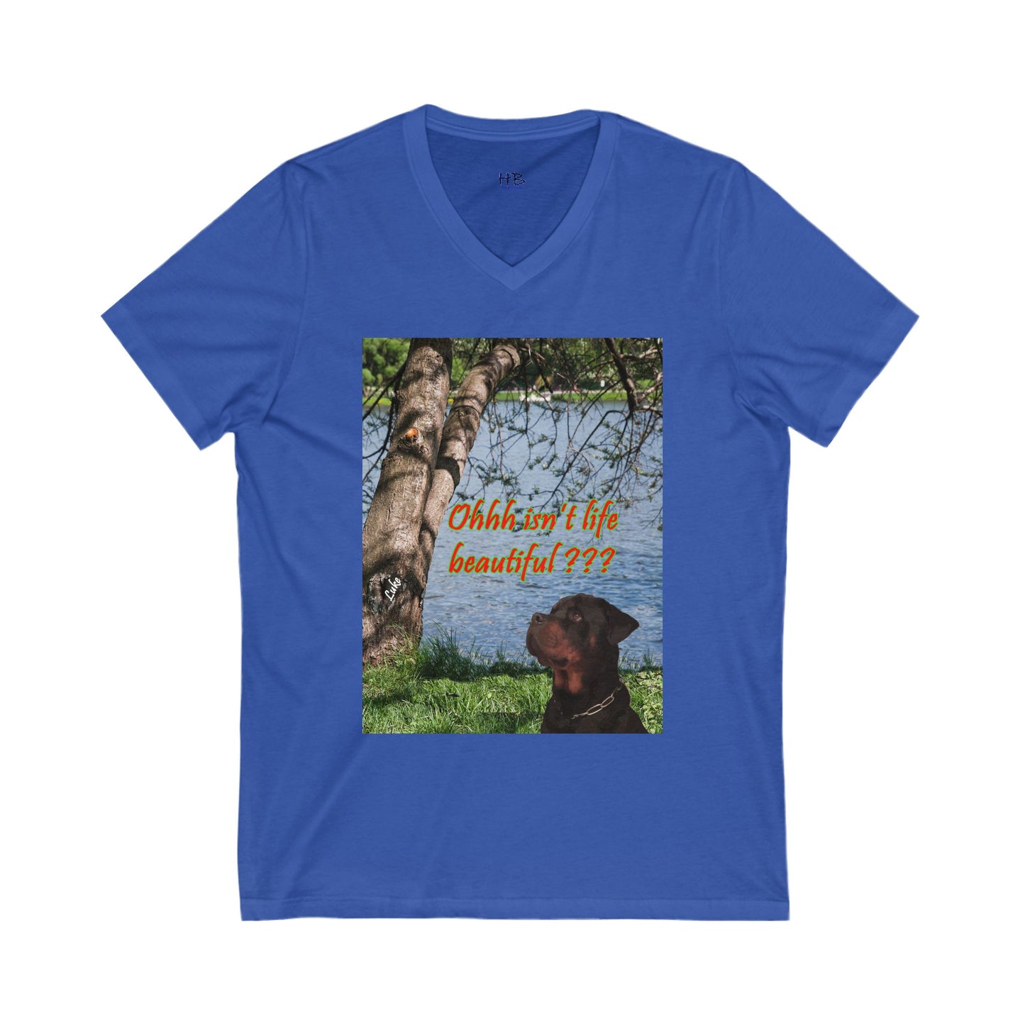 Luke the Rothweiler pondering on how life is beautiful  (Unisex Jersey Short Sleeve V-neck - Comfortable Everyday Wear)