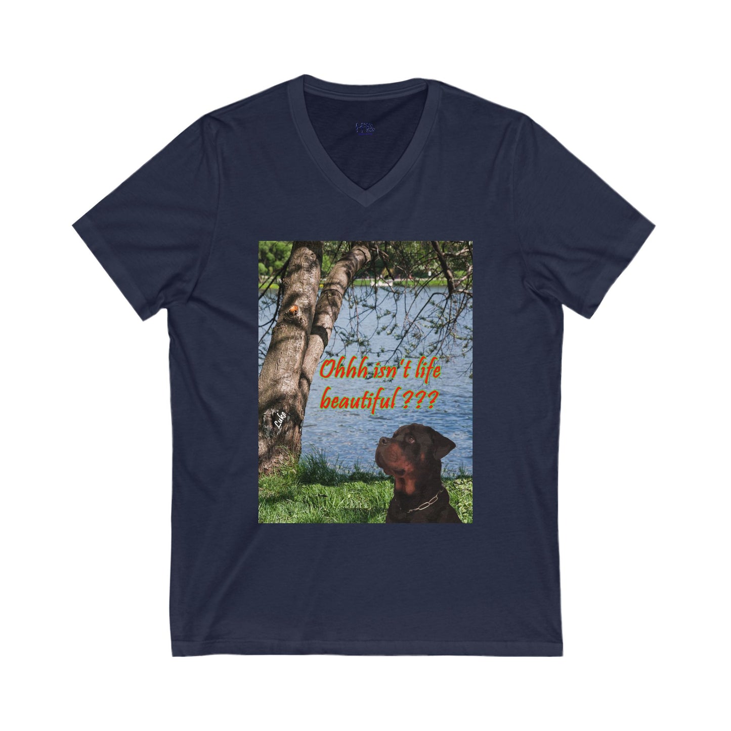 Luke the Rothweiler pondering on how life is beautiful  (Unisex Jersey Short Sleeve V-neck - Comfortable Everyday Wear)