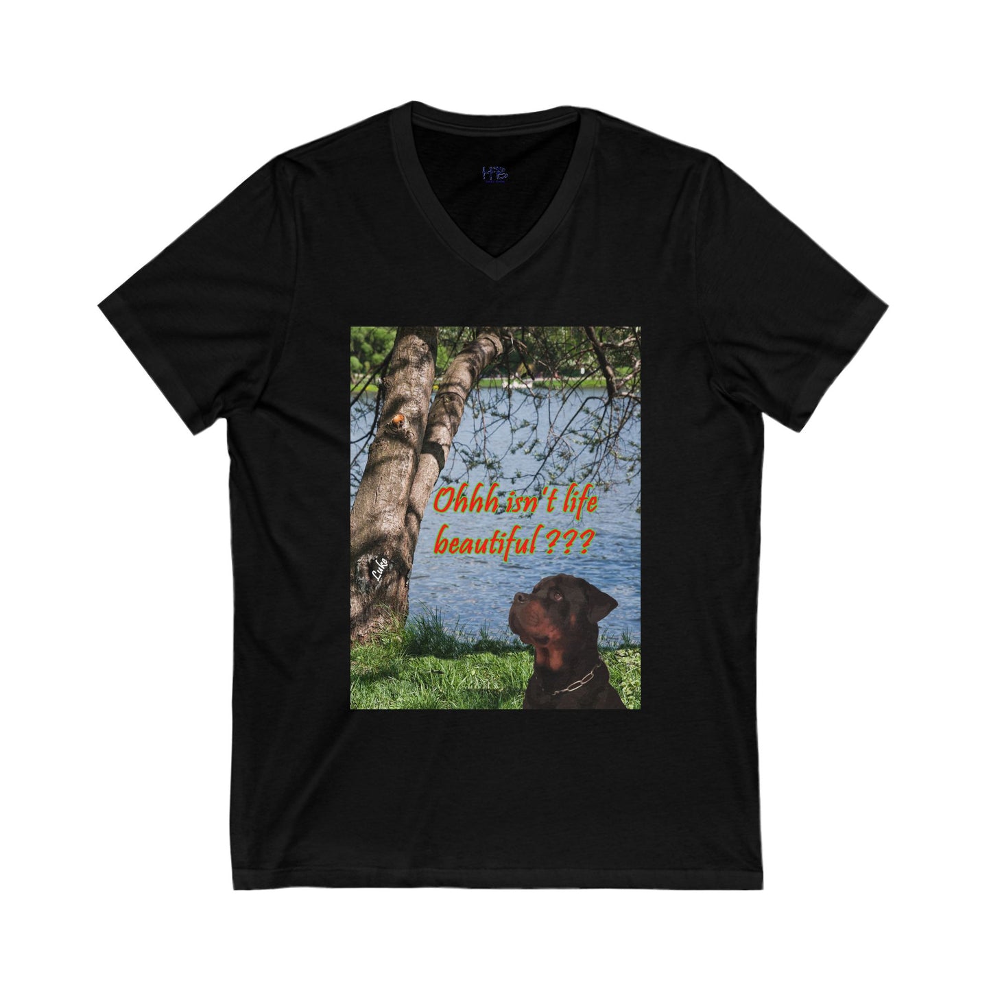 Luke the Rothweiler pondering on how life is beautiful  (Unisex Jersey Short Sleeve V-neck - Comfortable Everyday Wear)