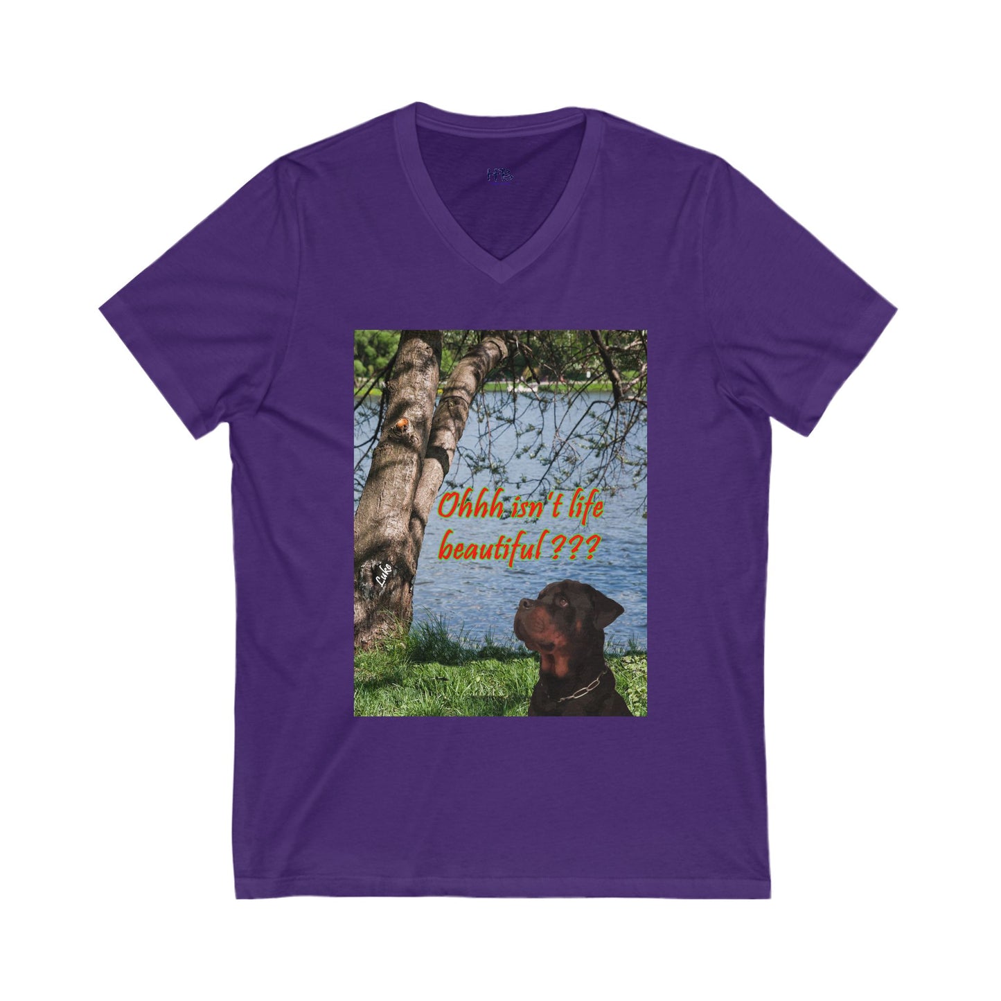 Luke the Rothweiler pondering on how life is beautiful  (Unisex Jersey Short Sleeve V-neck - Comfortable Everyday Wear)