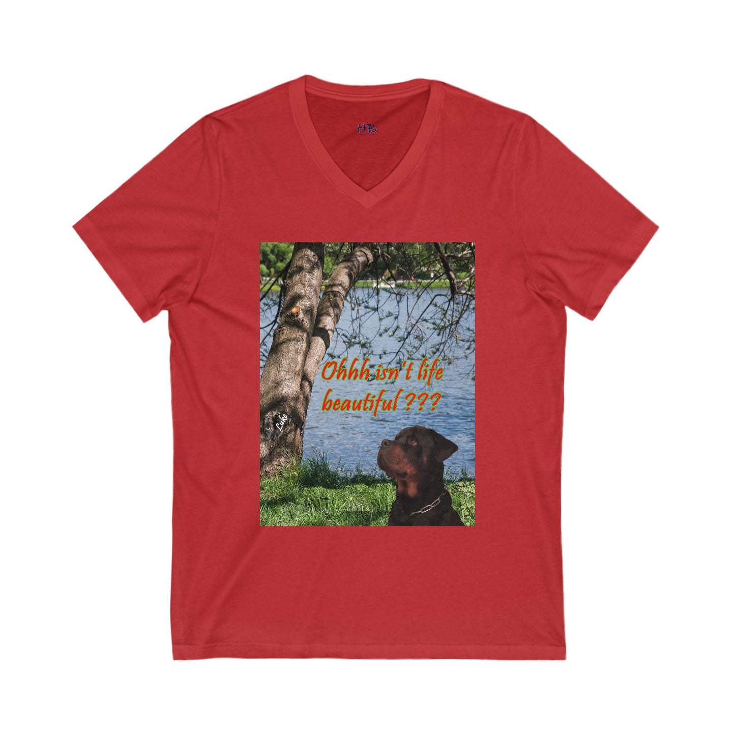 Luke the Rothweiler pondering on how life is beautiful  (Unisex Jersey Short Sleeve V-neck - Comfortable Everyday Wear)