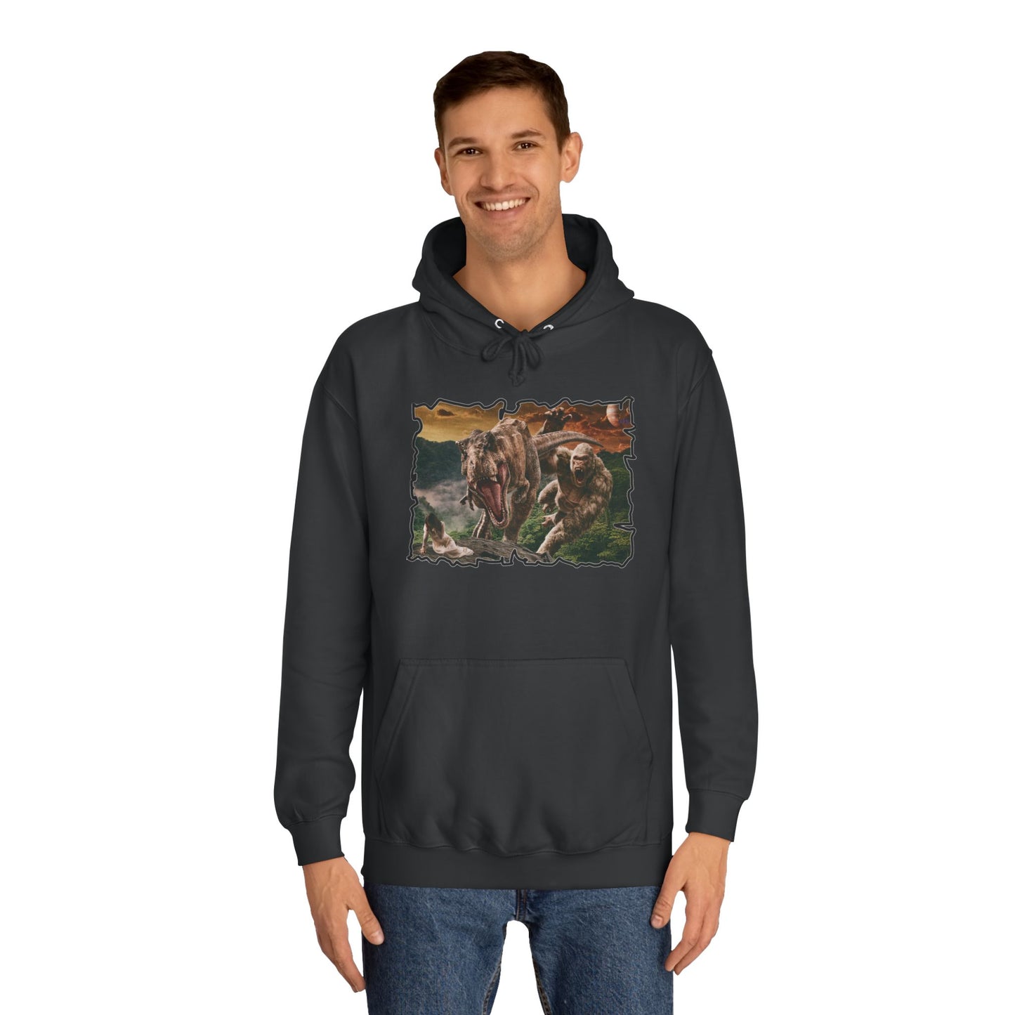 Get Yours Now -- Gorilla vs T-Rex saving woman in distress  (Hoodie - Cozy and Durable)