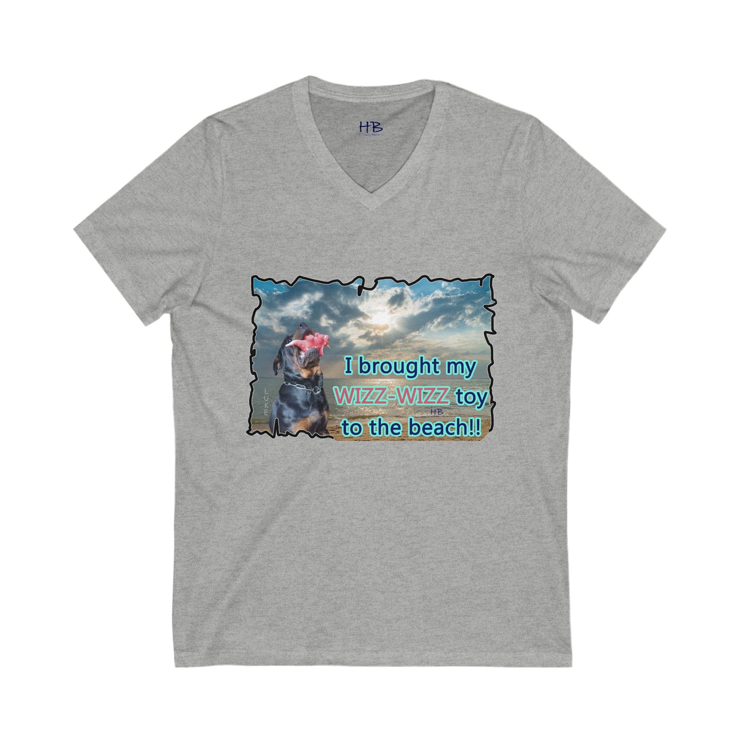 Luke (male Rothweiler) & Wizz Wizz at the beach (Unisex Jersey Short Sleeve V-neck - Comfortable Everyday Wear)