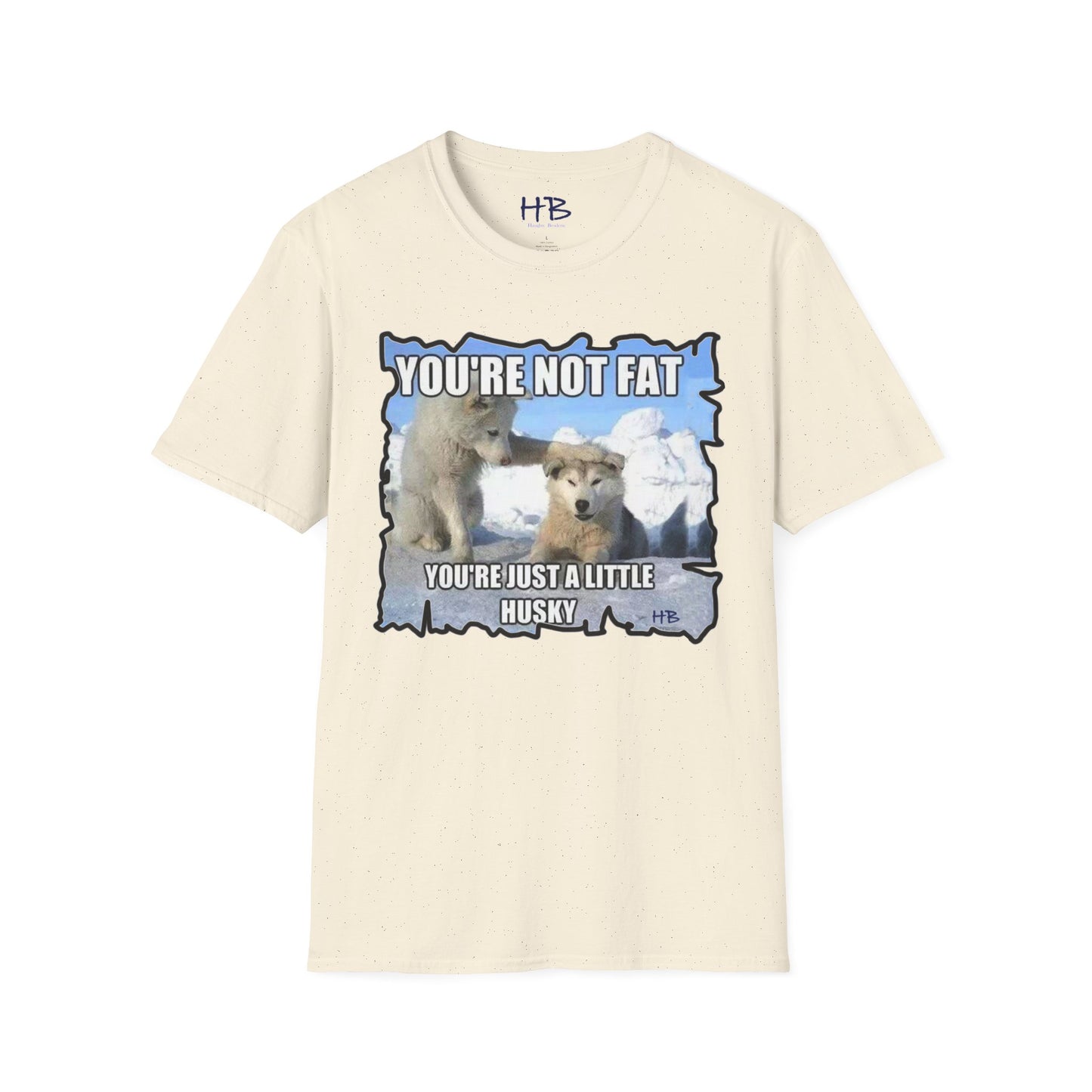 Two chubby husky dogs comforting each other about being husky