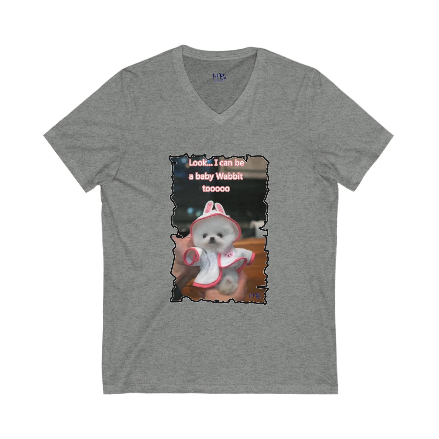 Bichon Maltese puppy dressed in a cute rabbit costume (Unisex Jersey Short Sleeve V-neck - Comfortable Everyday Wear)