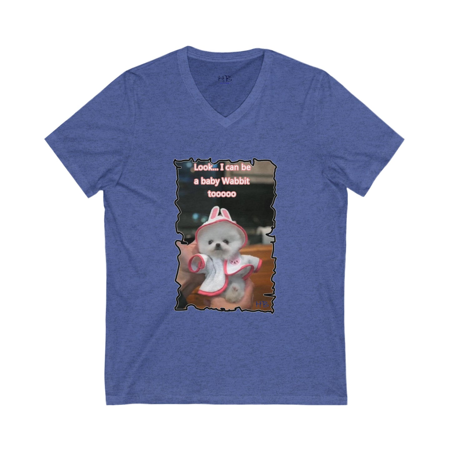 Bichon Maltese puppy dressed in a cute rabbit costume (Unisex Jersey Short Sleeve V-neck - Comfortable Everyday Wear)