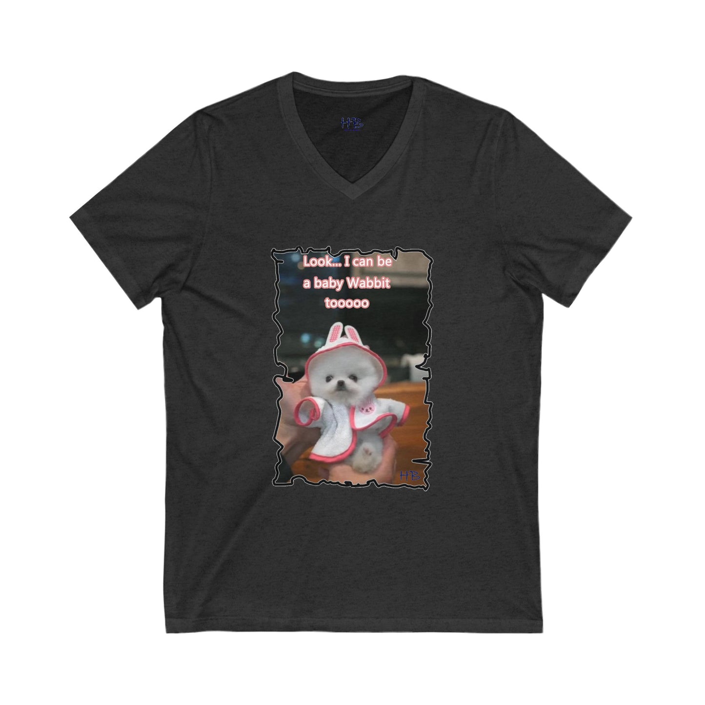Bichon Maltese puppy dressed in a cute rabbit costume (Unisex Jersey Short Sleeve V-neck - Comfortable Everyday Wear)
