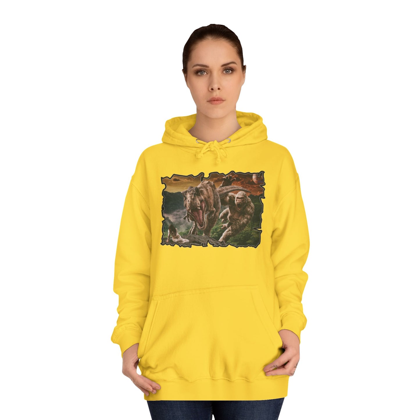 Get Yours Now -- Gorilla vs T-Rex saving woman in distress  (Hoodie - Cozy and Durable)