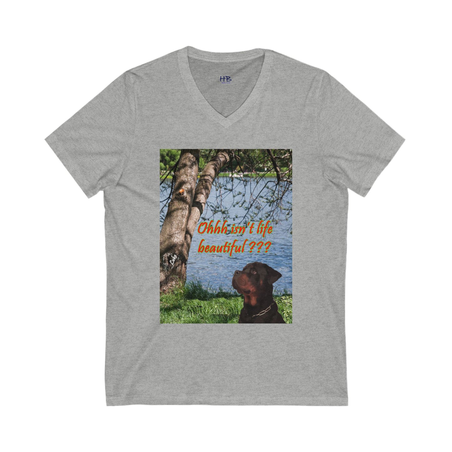 Luke the Rothweiler pondering on how life is beautiful  (Unisex Jersey Short Sleeve V-neck - Comfortable Everyday Wear)