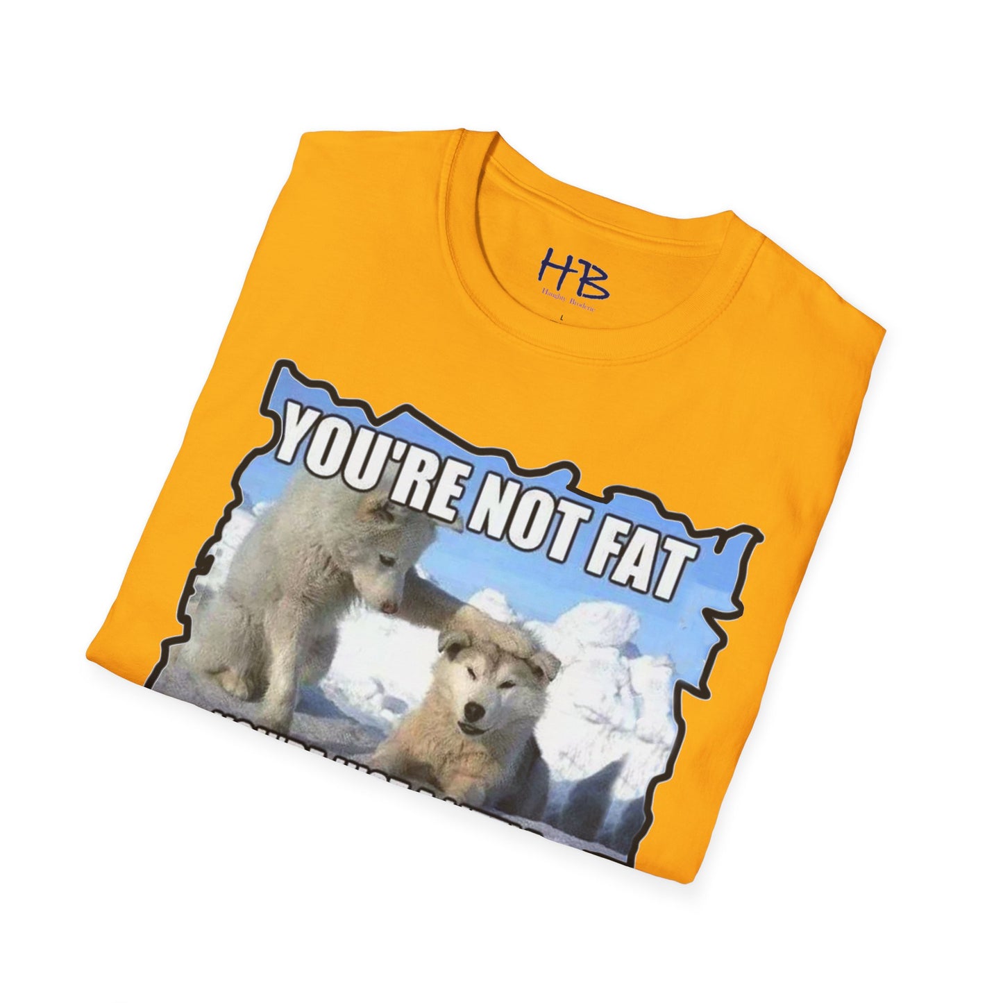 Two chubby husky dogs comforting each other about being husky