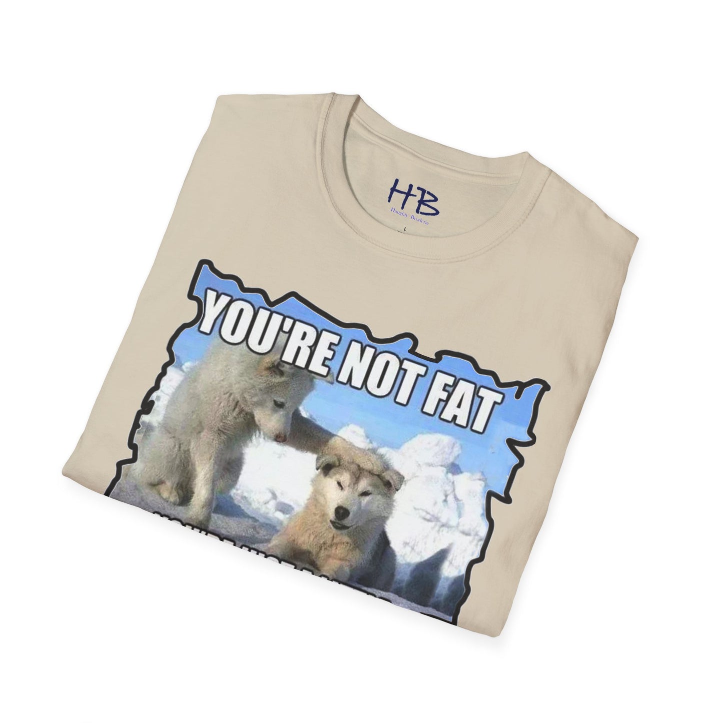 Two chubby husky dogs comforting each other about being husky