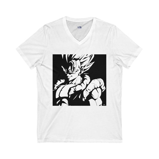 Japanese Superhero anime in black and white (Unisex Jersey Short Sleeve V-neck - Comfortable Everyday Wear)