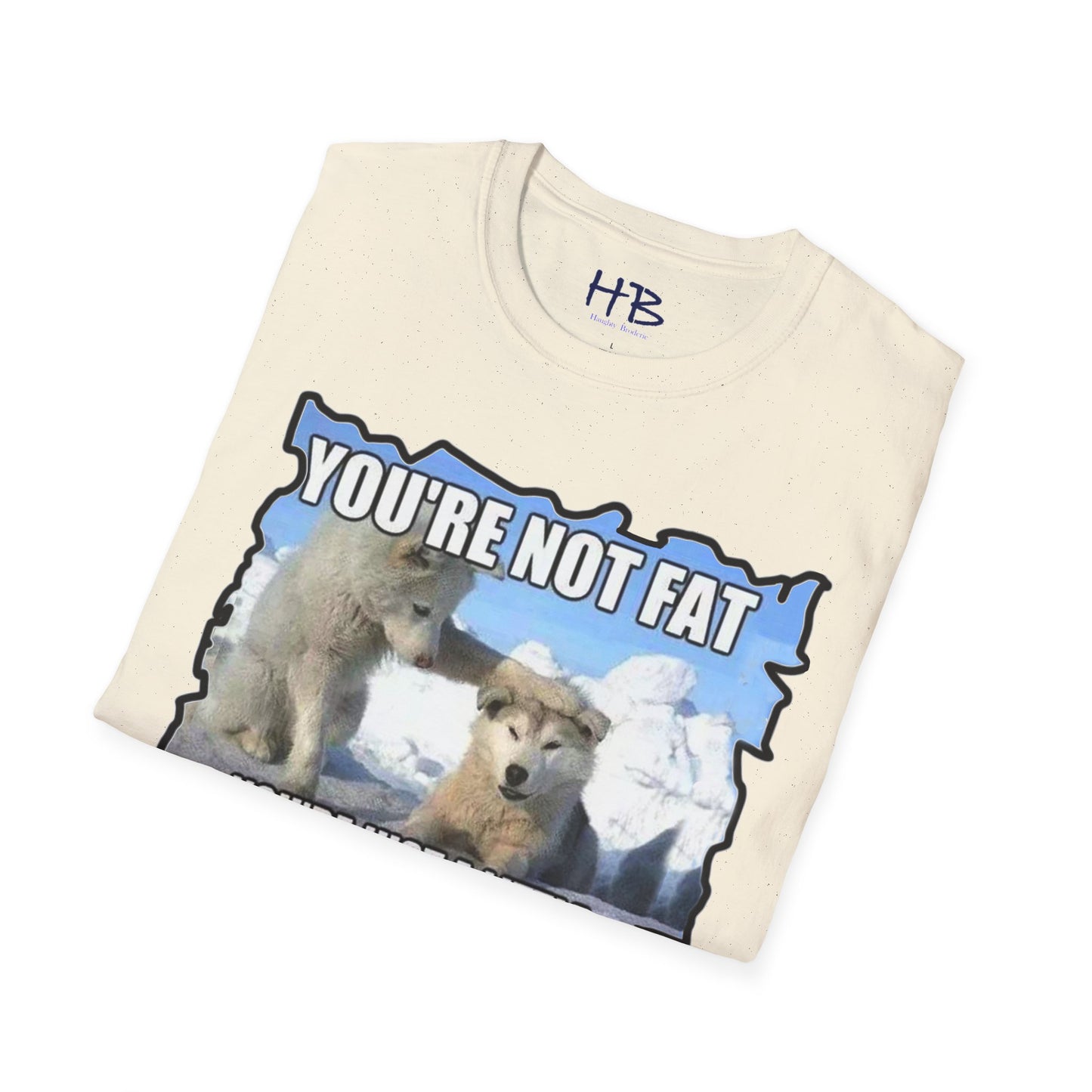 Two chubby husky dogs comforting each other about being husky