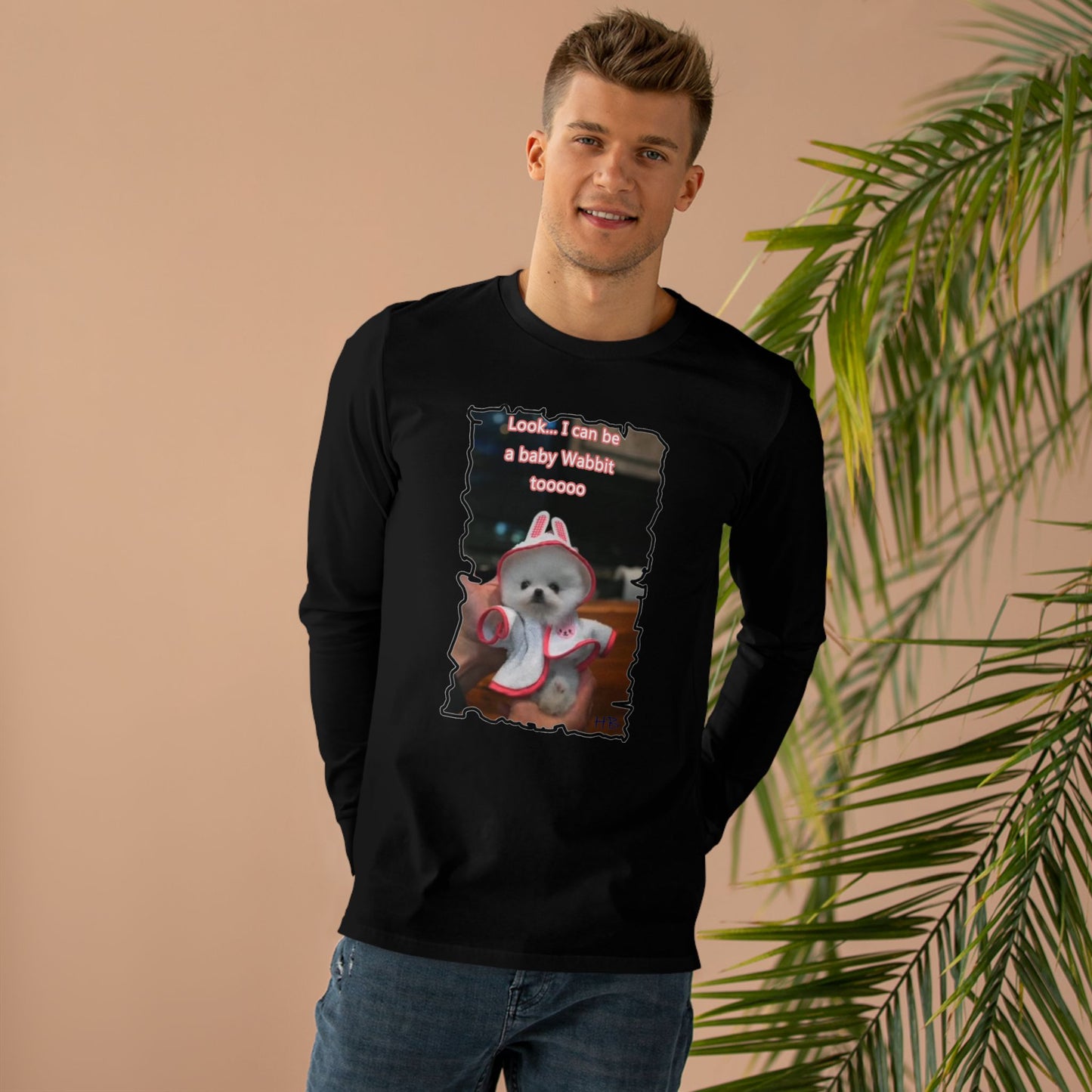 Bichon Maltese puppy dressed in a cute rabbit costume (Men's Base Longsleeve Tee - All-Season Wear)
