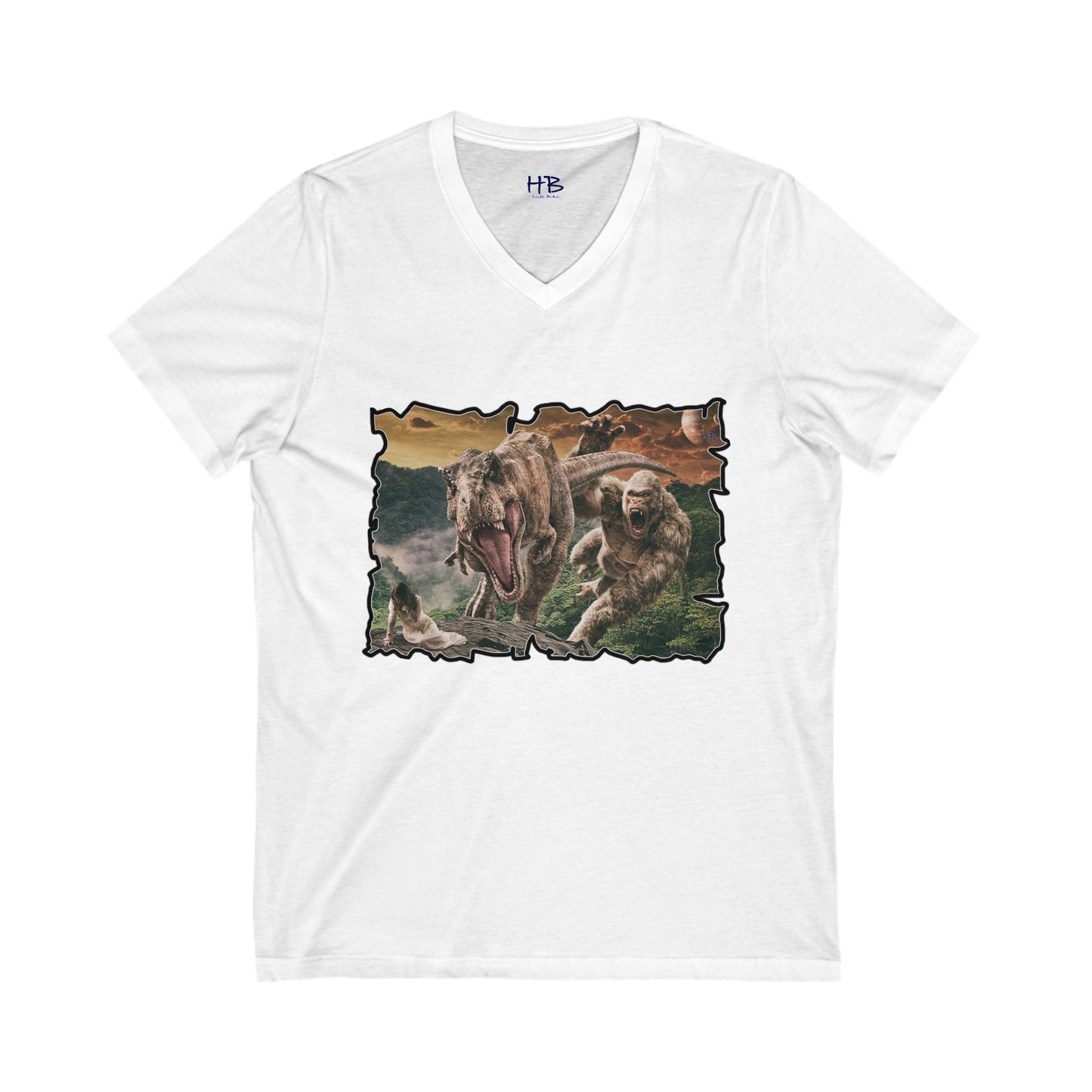 Gorilla vs T-Rex saving woman in distress (Unisex Jersey Short Sleeve V-neck - Comfortable Everyday Wear)