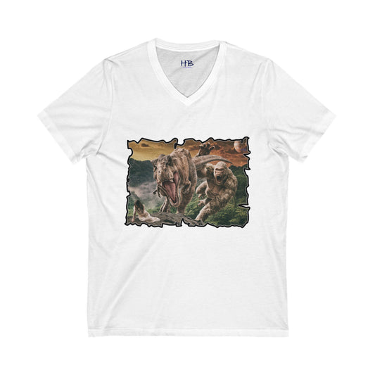 Gorilla vs T-Rex saving woman in distress (Unisex Jersey Short Sleeve V-neck - Comfortable Everyday Wear)