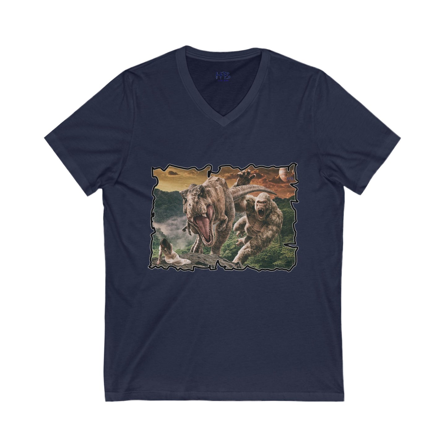Gorilla vs T-Rex saving woman in distress (Unisex Jersey Short Sleeve V-neck - Comfortable Everyday Wear)