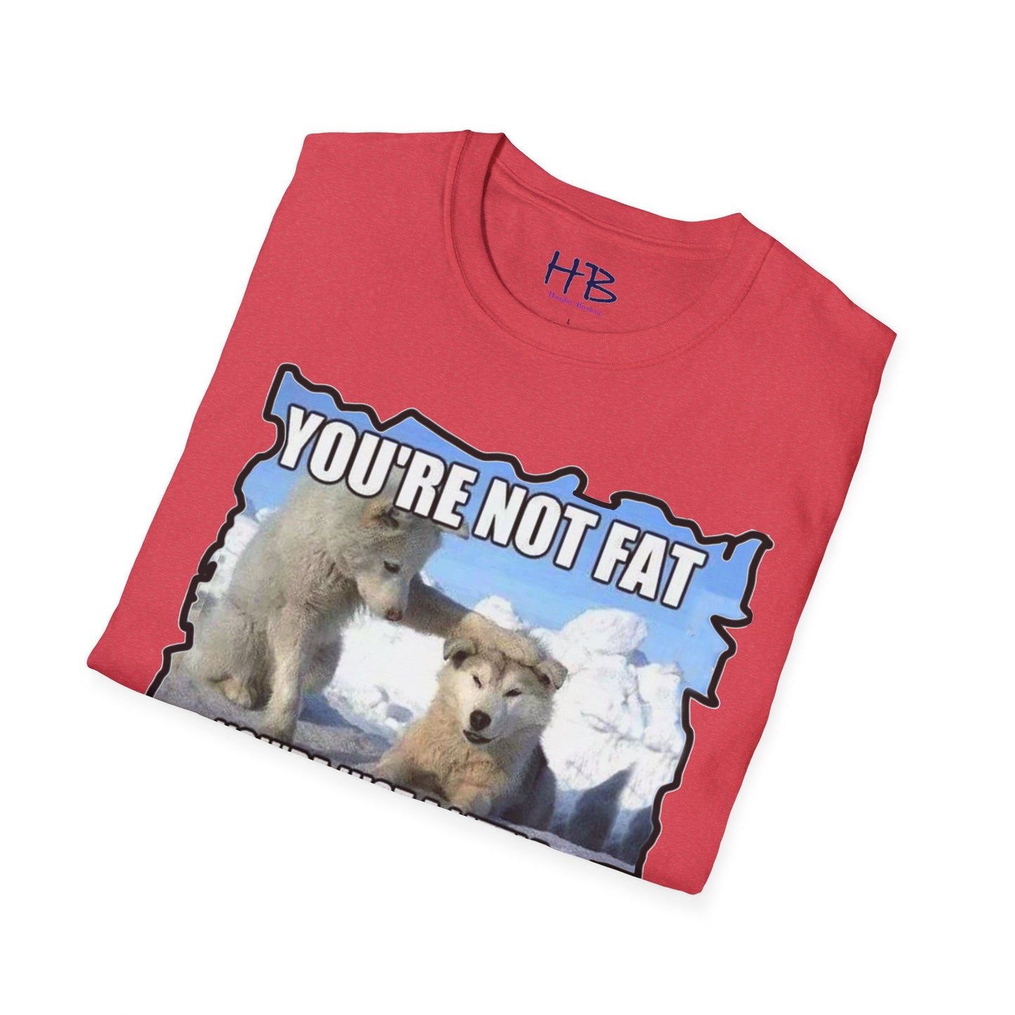 Two chubby husky dogs comforting each other about being husky