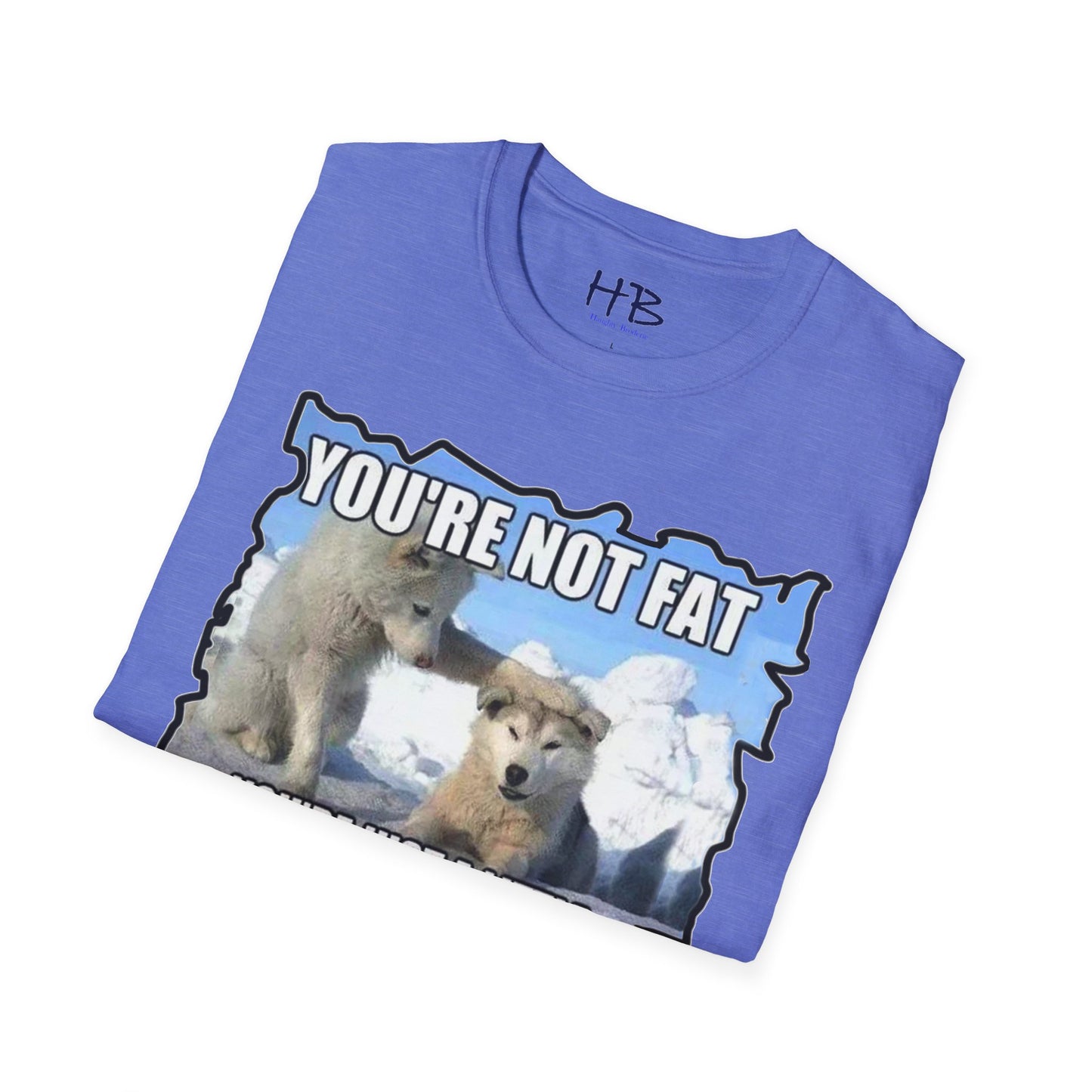 Two chubby husky dogs comforting each other about being husky