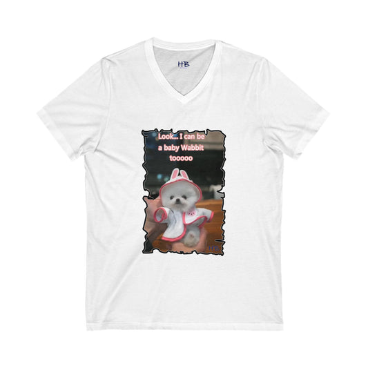 Bichon Maltese puppy dressed in a cute rabbit costume (Unisex Jersey Short Sleeve V-neck - Comfortable Everyday Wear)
