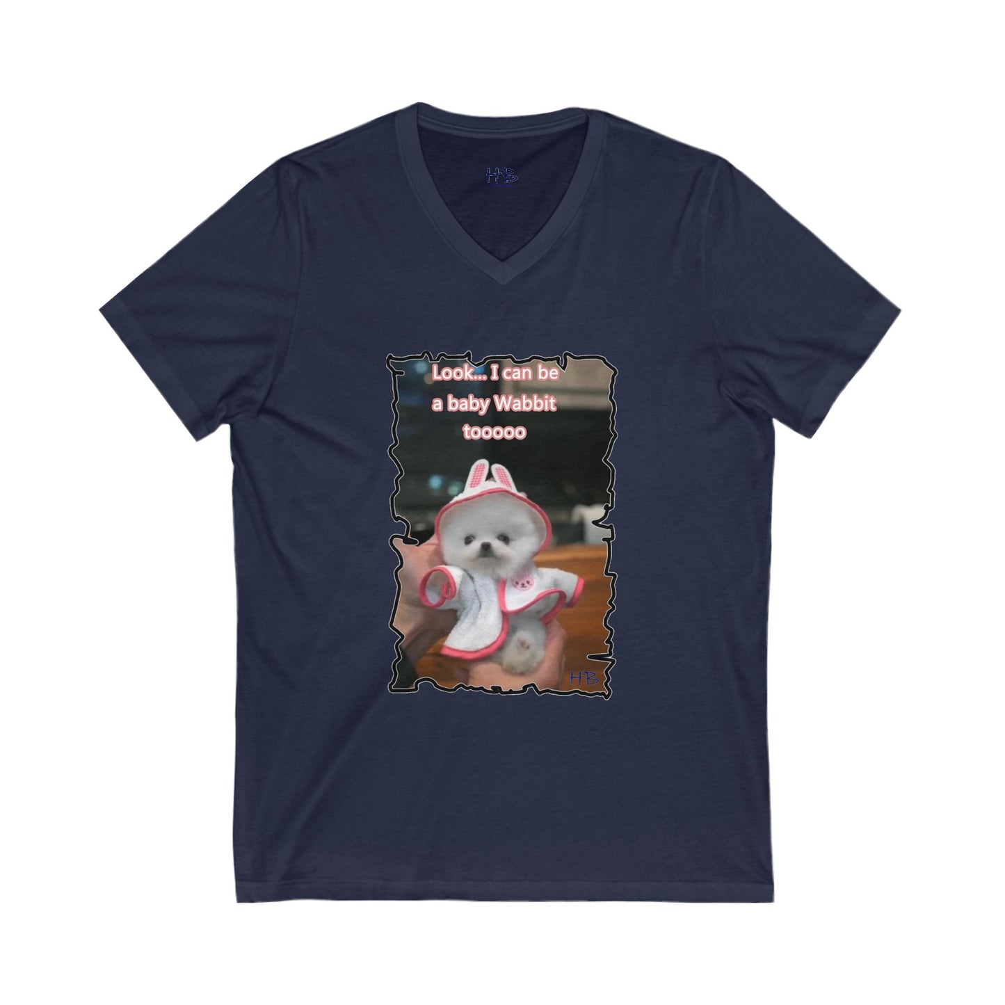 Bichon Maltese puppy dressed in a cute rabbit costume (Unisex Jersey Short Sleeve V-neck - Comfortable Everyday Wear)