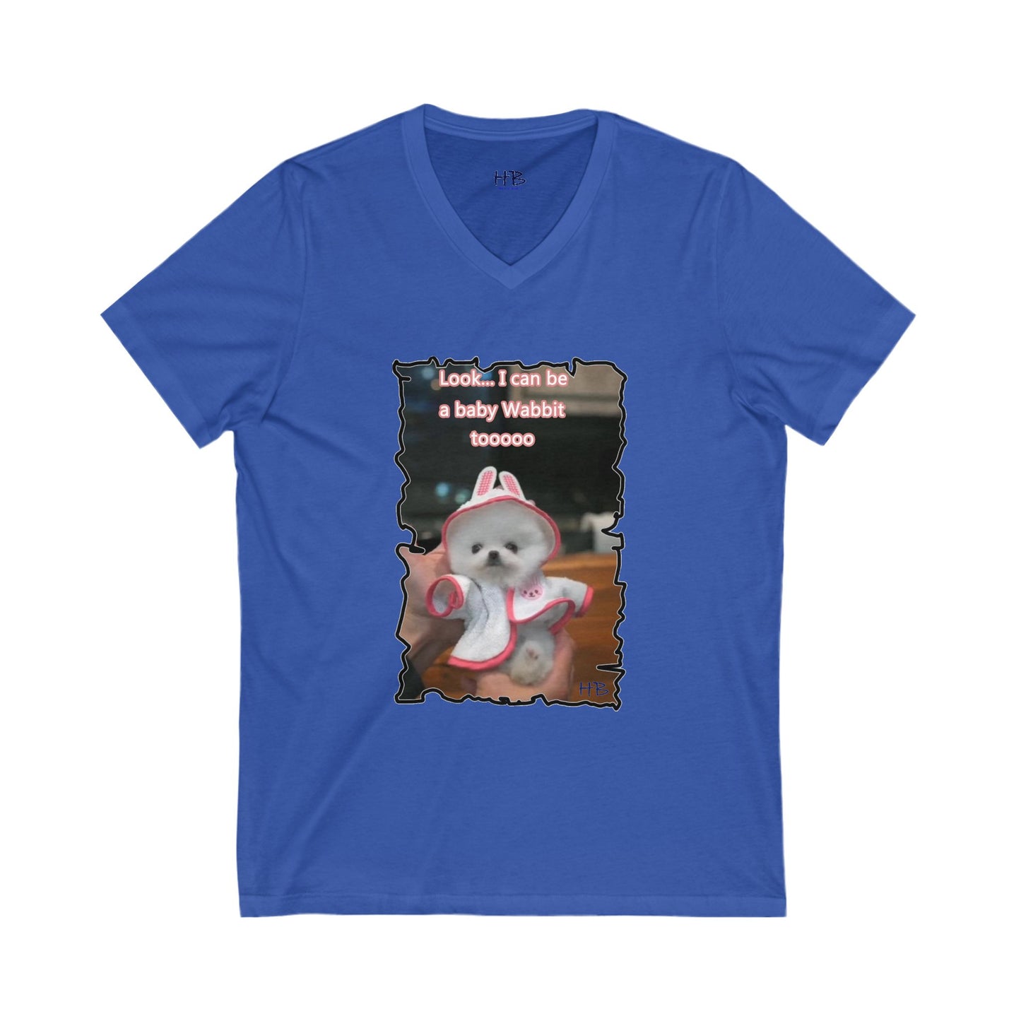 Bichon Maltese puppy dressed in a cute rabbit costume (Unisex Jersey Short Sleeve V-neck - Comfortable Everyday Wear)
