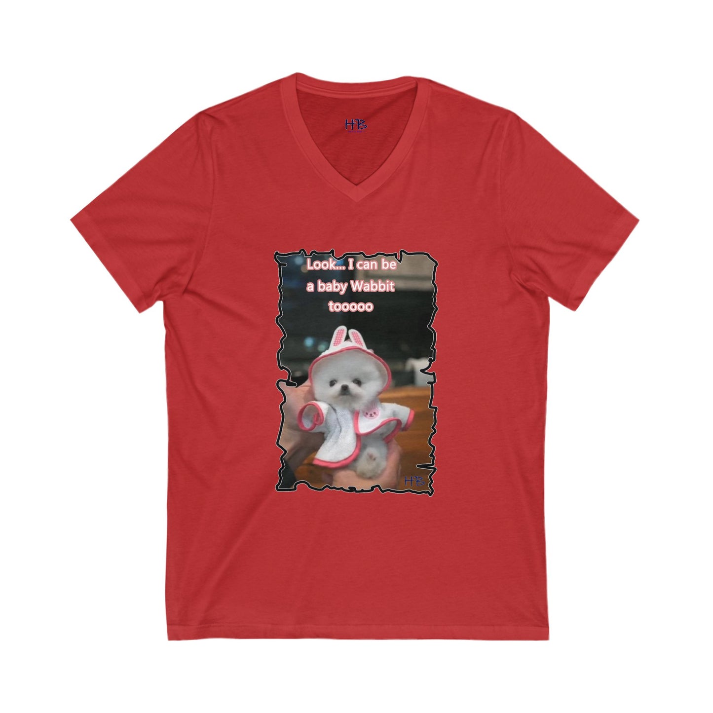 Bichon Maltese puppy dressed in a cute rabbit costume (Unisex Jersey Short Sleeve V-neck - Comfortable Everyday Wear)