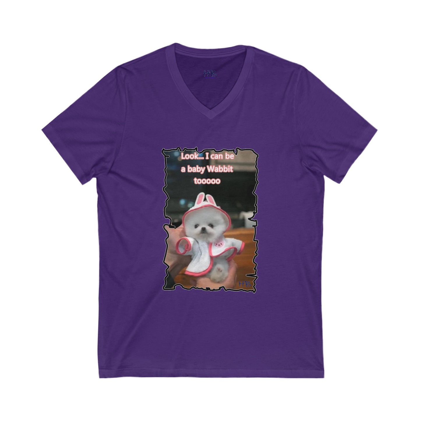 Bichon Maltese puppy dressed in a cute rabbit costume (Unisex Jersey Short Sleeve V-neck - Comfortable Everyday Wear)