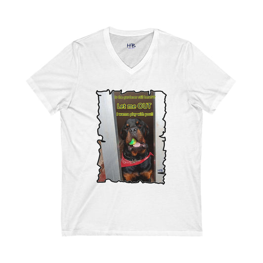Luke (Male Rottie) with ball begging to play (Unisex Jersey Short Sleeve V-neck - Comfortable Everyday Wear)