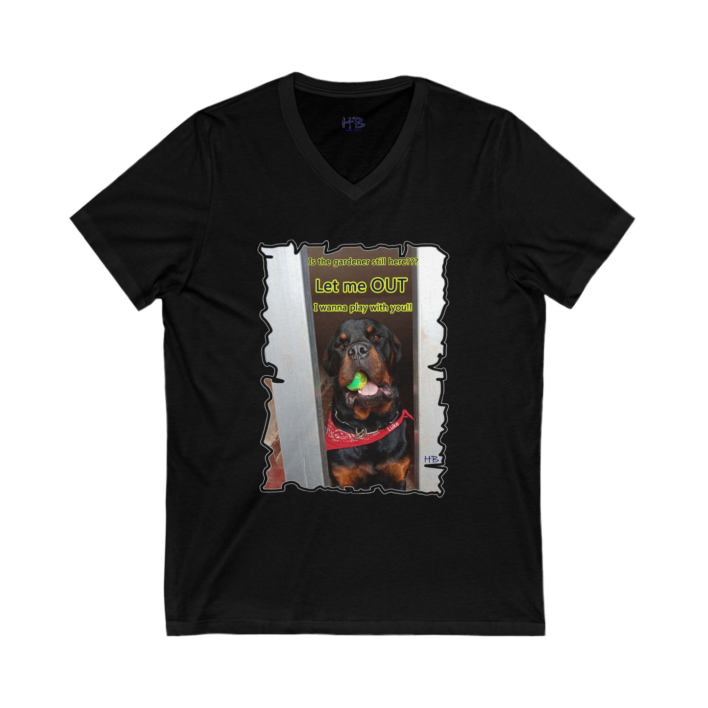 Luke (Male Rottie) with ball begging to play (Unisex Jersey Short Sleeve V-neck - Comfortable Everyday Wear)