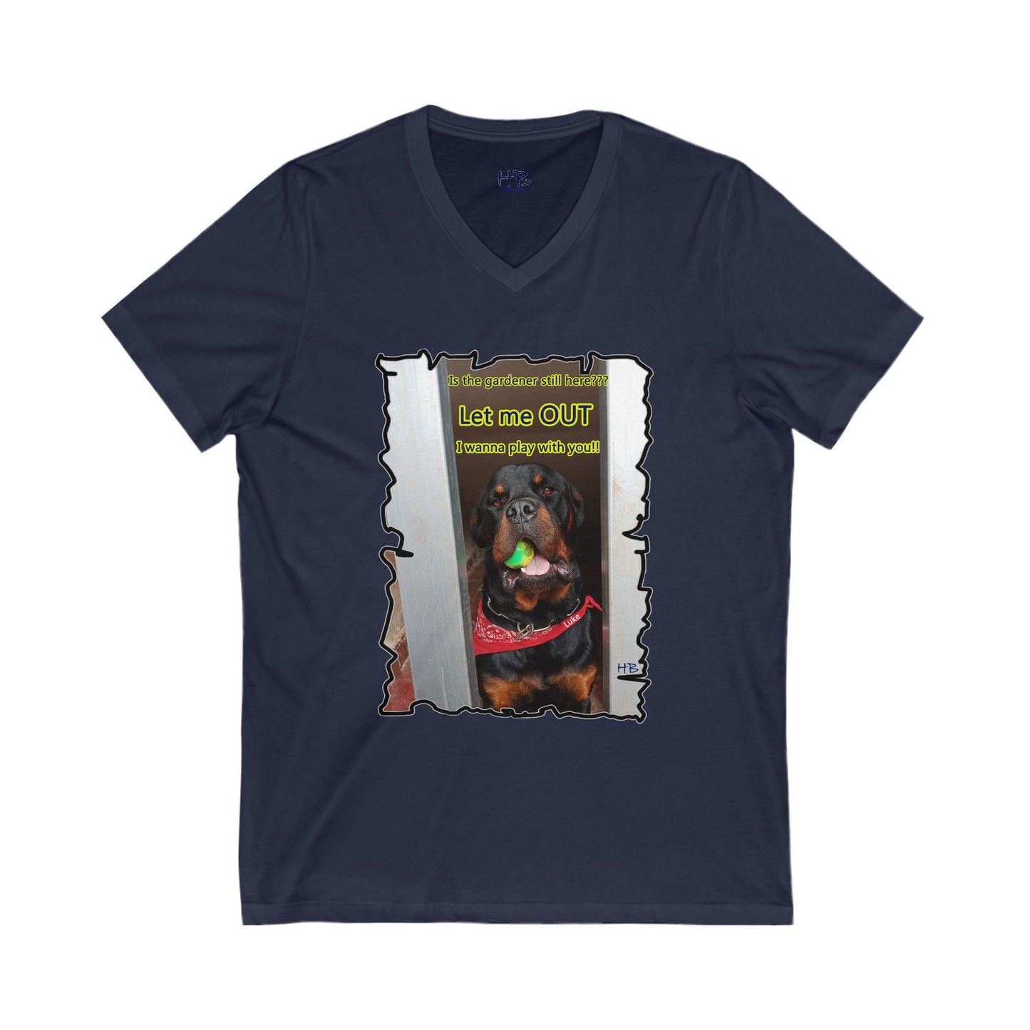 Luke (Male Rottie) with ball begging to play (Unisex Jersey Short Sleeve V-neck - Comfortable Everyday Wear)