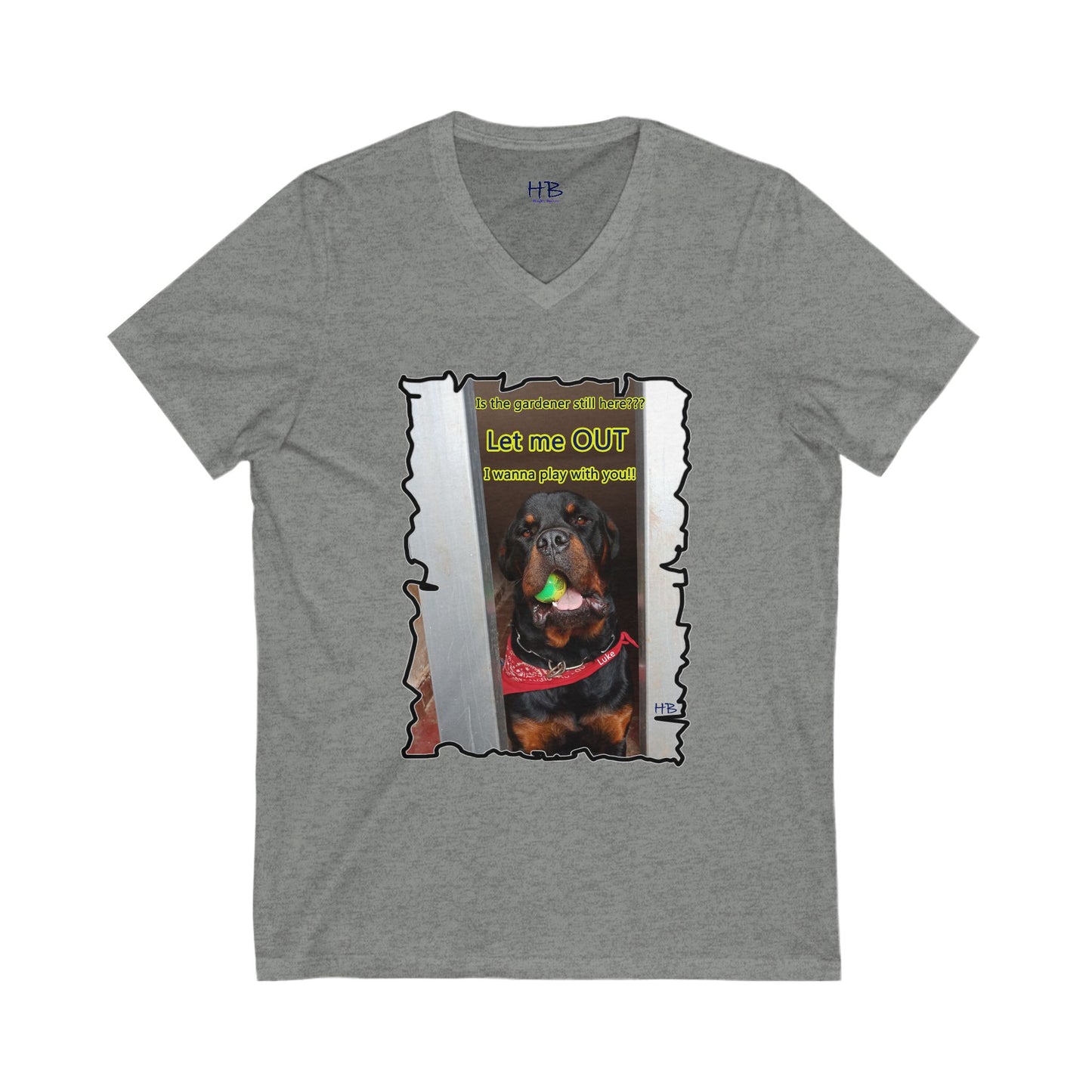 Luke (Male Rottie) with ball begging to play (Unisex Jersey Short Sleeve V-neck - Comfortable Everyday Wear)