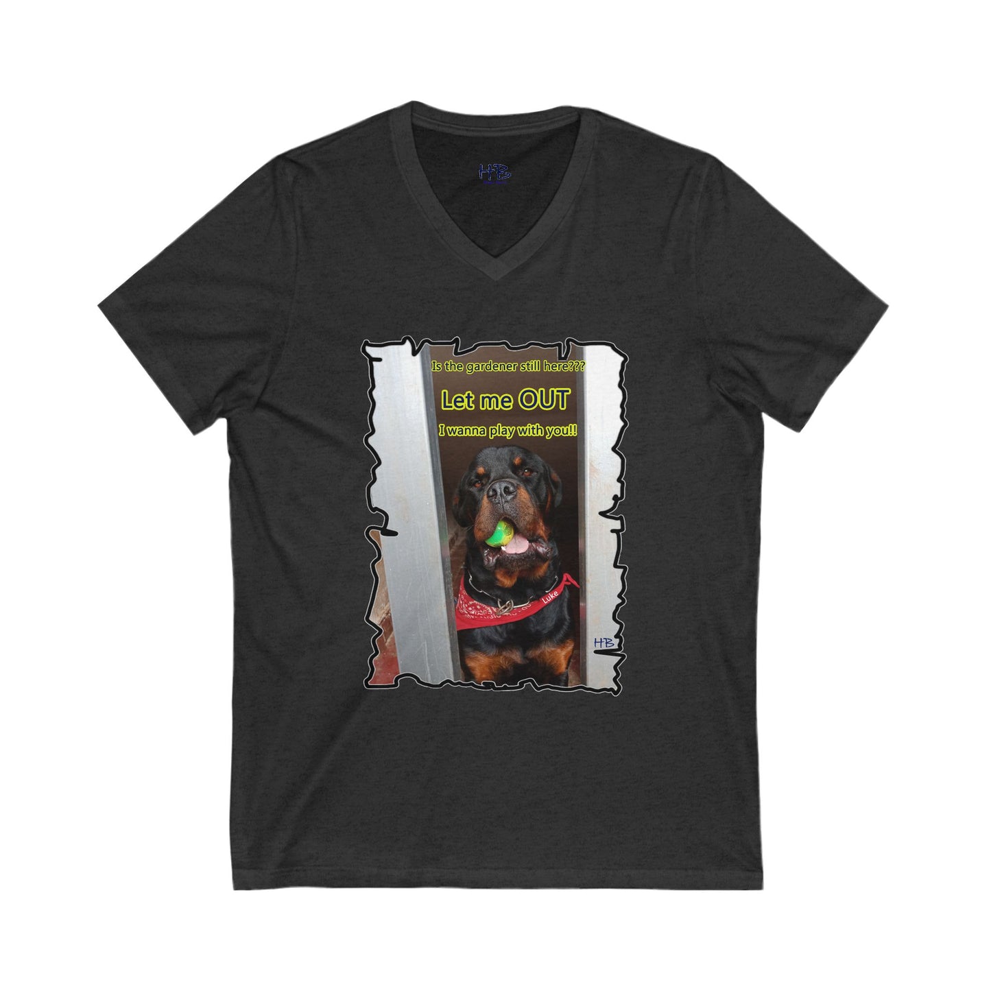 Luke (Male Rottie) with ball begging to play (Unisex Jersey Short Sleeve V-neck - Comfortable Everyday Wear)