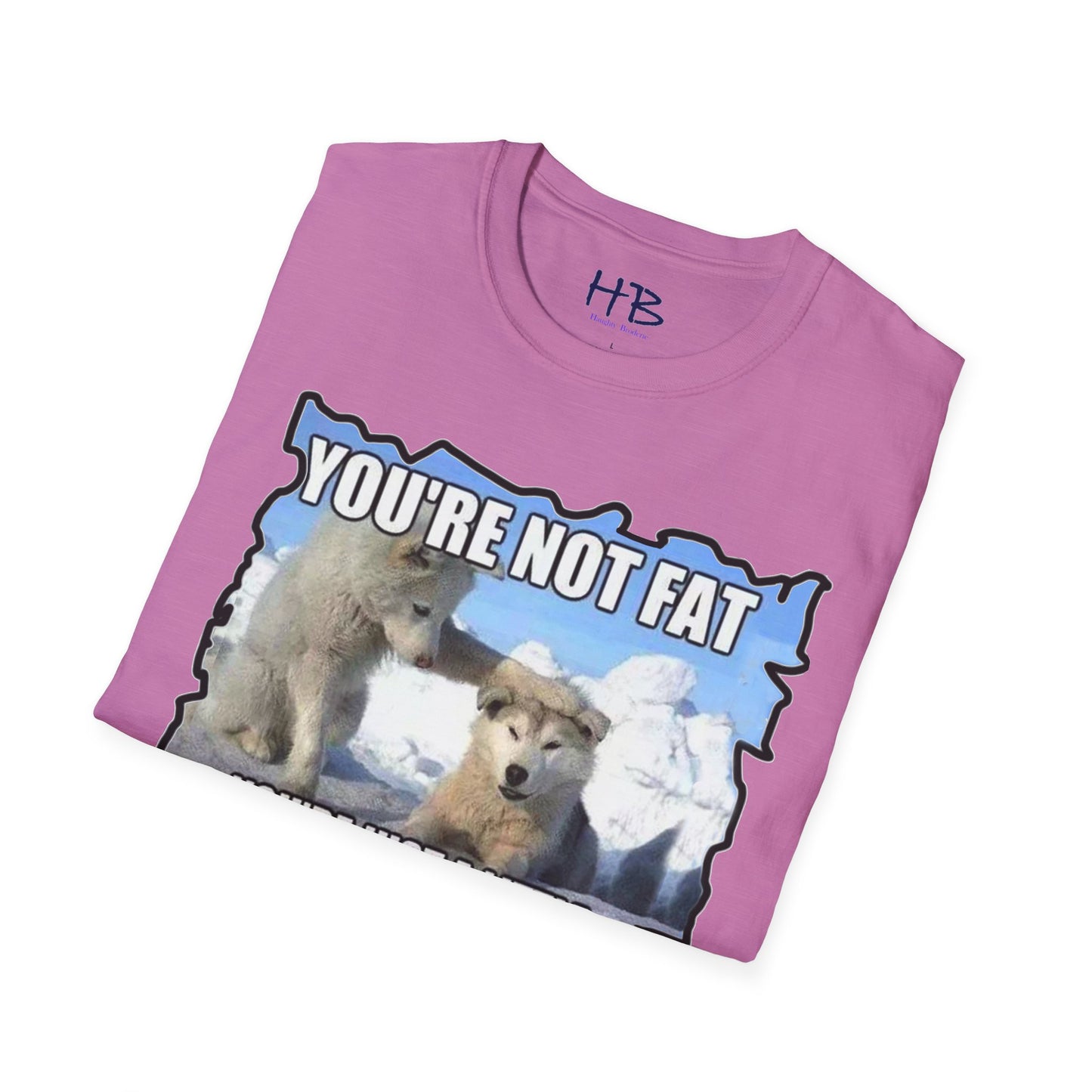 Two chubby husky dogs comforting each other about being husky