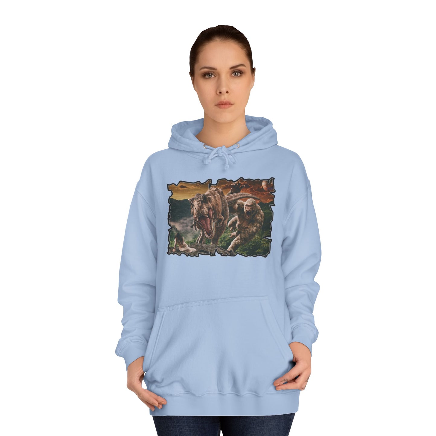 Get Yours Now -- Gorilla vs T-Rex saving woman in distress  (Hoodie - Cozy and Durable)