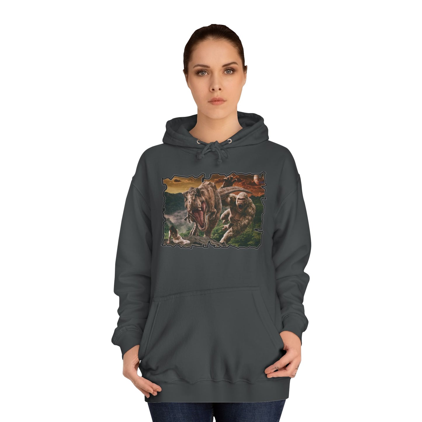 Get Yours Now -- Gorilla vs T-Rex saving woman in distress  (Hoodie - Cozy and Durable)