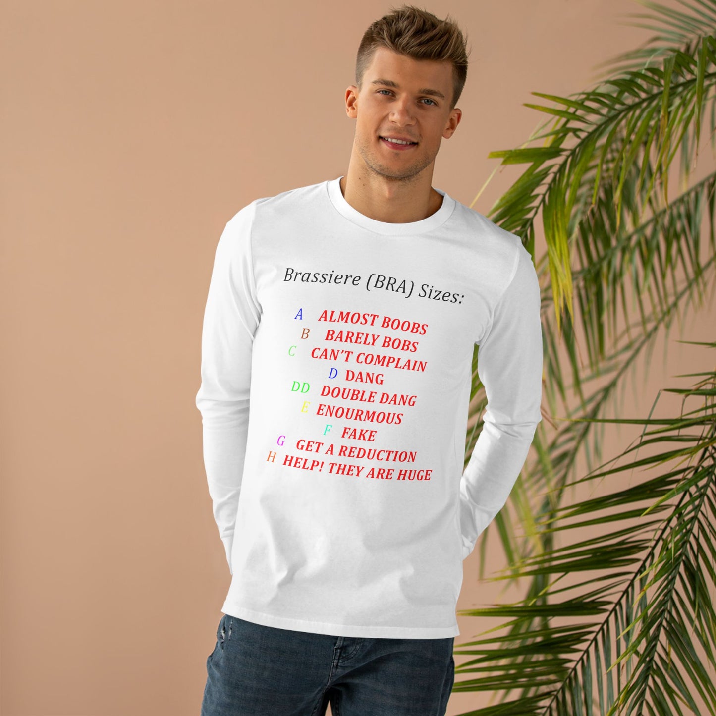 Get Yours Now -- Humorous Bra Sizing Chart (Men's Base Longsleeve Tee - All-Season Wear)