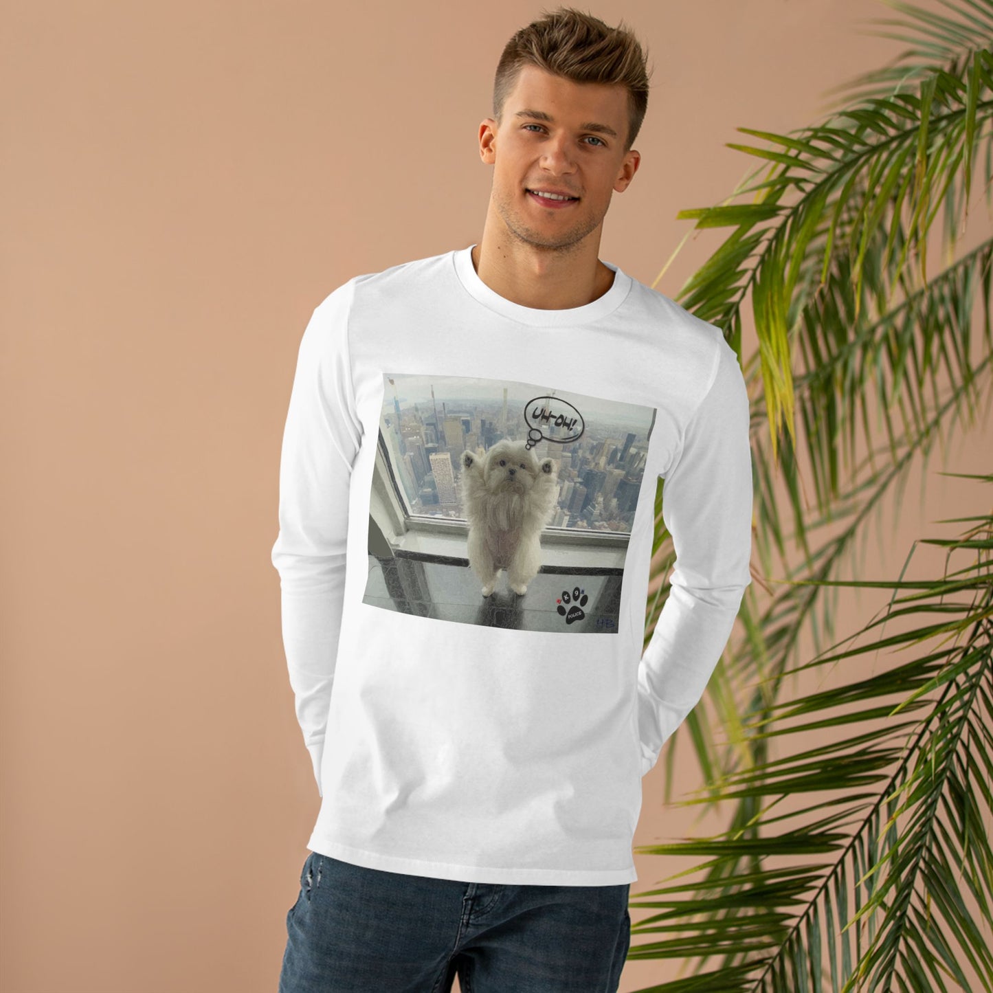 Bichon Maltese paws in the air in trouble with K9 dog patrol (Men's Base Longsleeve Tee - All-Season Wear)