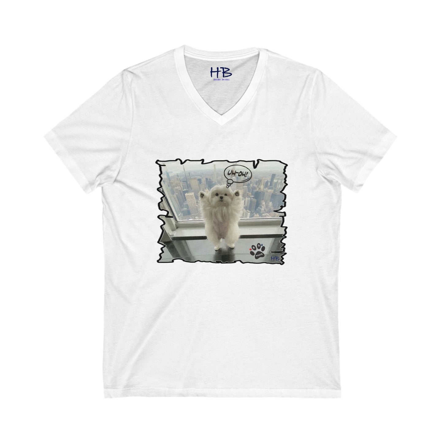 Bichon Maltese paws in the air in trouble with K9 dog patrol (Unisex Jersey Short Sleeve V-neck - Comfortable Everyday Wear)