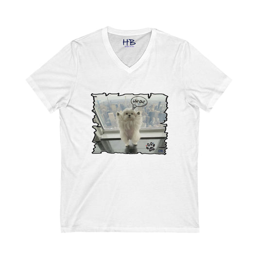 Bichon Maltese paws in the air in trouble with K9 dog patrol (Unisex Jersey Short Sleeve V-neck - Comfortable Everyday Wear)