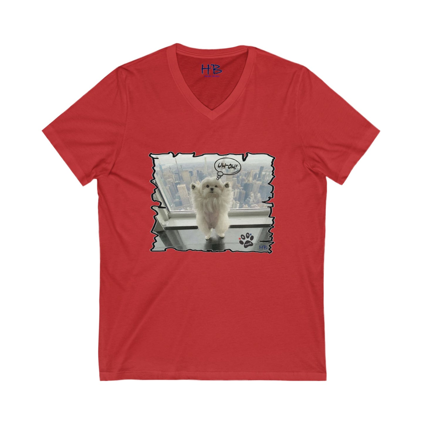 Bichon Maltese paws in the air in trouble with K9 dog patrol (Unisex Jersey Short Sleeve V-neck - Comfortable Everyday Wear)