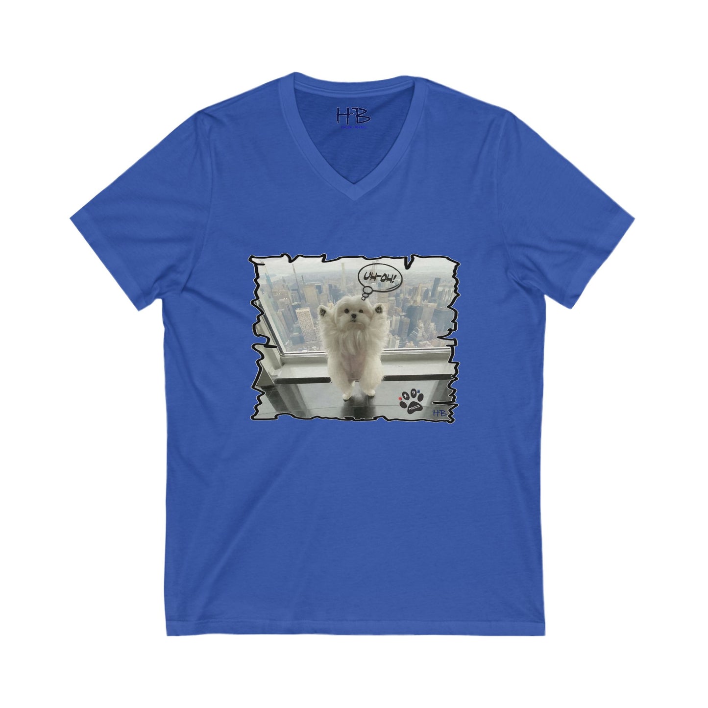 Bichon Maltese paws in the air in trouble with K9 dog patrol (Unisex Jersey Short Sleeve V-neck - Comfortable Everyday Wear)