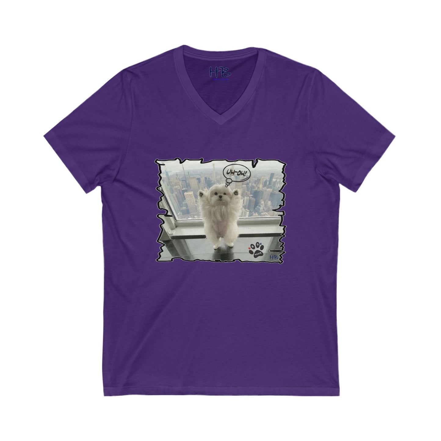 Bichon Maltese paws in the air in trouble with K9 dog patrol (Unisex Jersey Short Sleeve V-neck - Comfortable Everyday Wear)