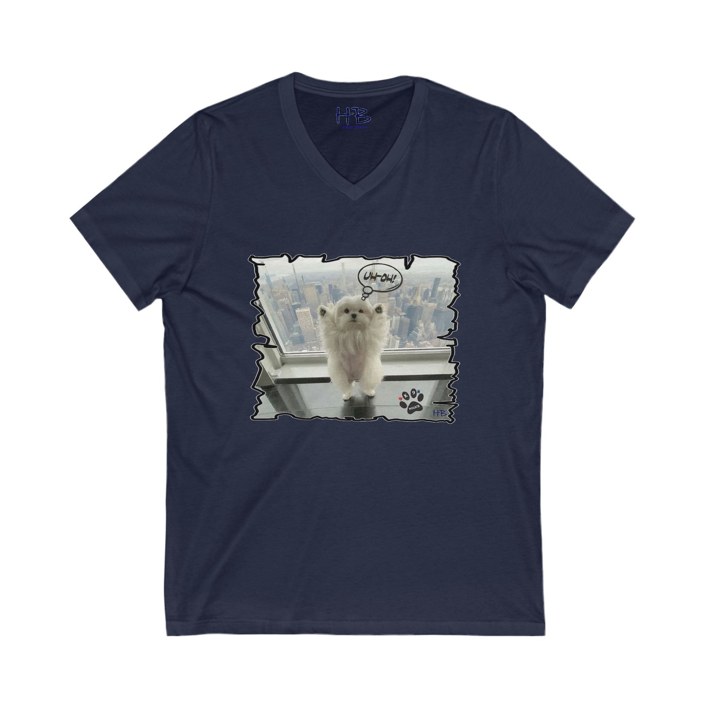 Bichon Maltese paws in the air in trouble with K9 dog patrol (Unisex Jersey Short Sleeve V-neck - Comfortable Everyday Wear)