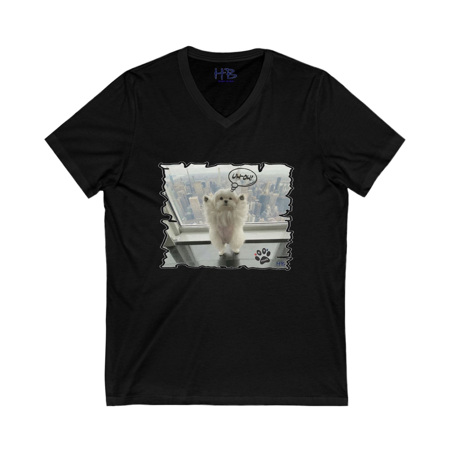 Bichon Maltese paws in the air in trouble with K9 dog patrol (Unisex Jersey Short Sleeve V-neck - Comfortable Everyday Wear)