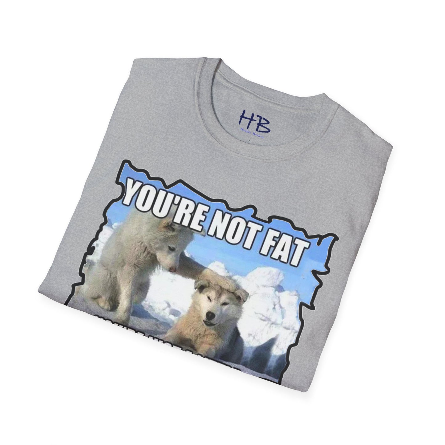 Two chubby husky dogs comforting each other about being husky