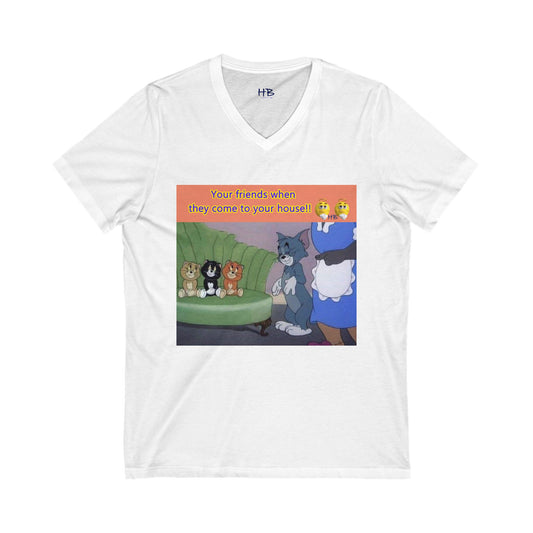 Tom and his innocent looking little friends in front of Mammy (Unisex Jersey Short Sleeve V-neck - Comfortable Everyday Wear)